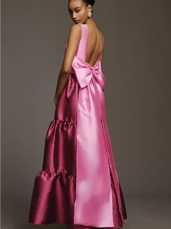 Hutch Two-Tone Pink Satin Maxi Gown with Tiered Skirt - Picture 2 of 4